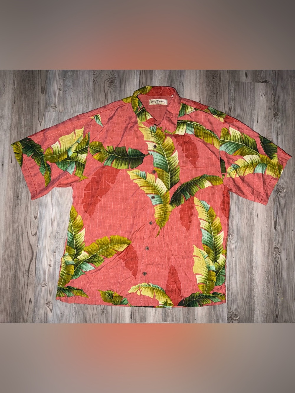 Mens Tommy Bahama Silk Coral Pink Camp Palm Tree Beach Button Down Shirt Large L